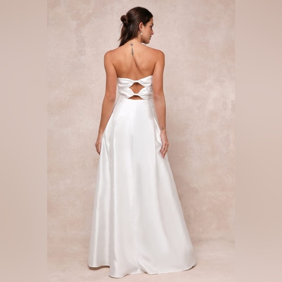 Lulus Pristine Love White Taffeta Strapless Long Maxi Dress With Pockets, Size L - Picture 5 of 16